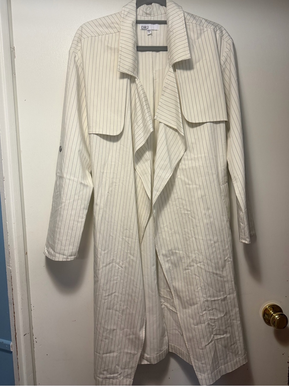 DR2 Cream Pinstripe Trench with Draped Collar Classic Style Jacket